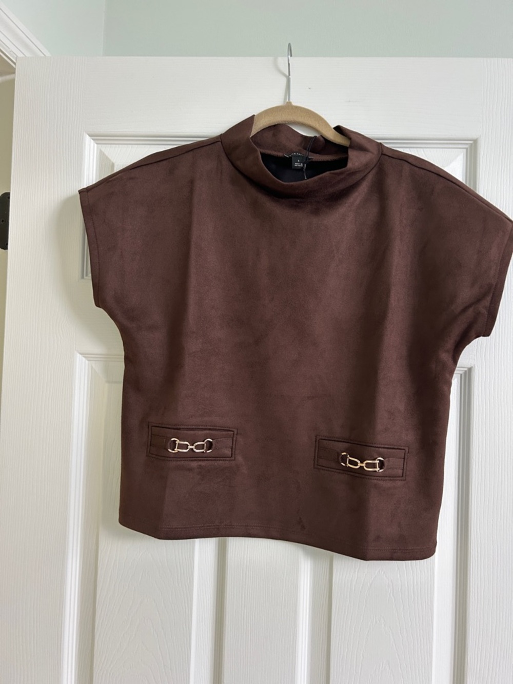 Ann Taylor Brown Short Sleeve Mock Neck Top Faux Suede